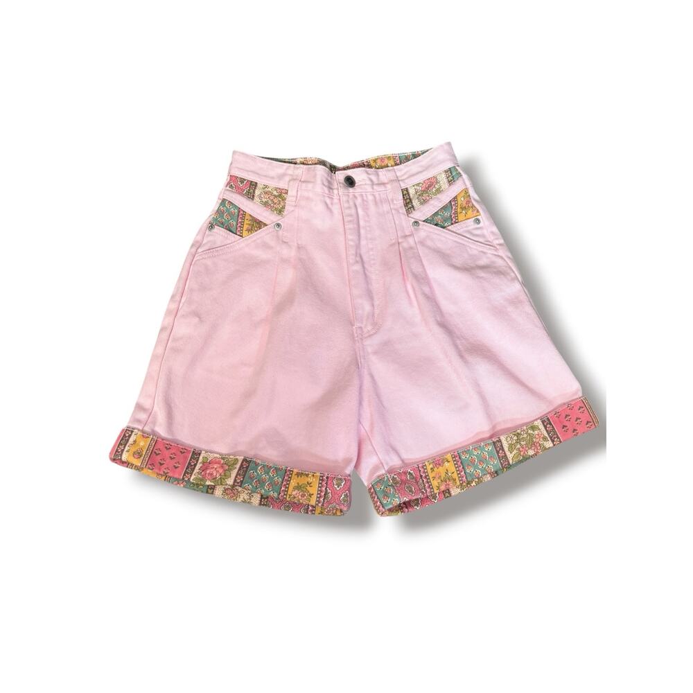 Vintage Rio Pink Patchwork Trim Denim Shorts Cottagecore Boho High Waisted Artsy